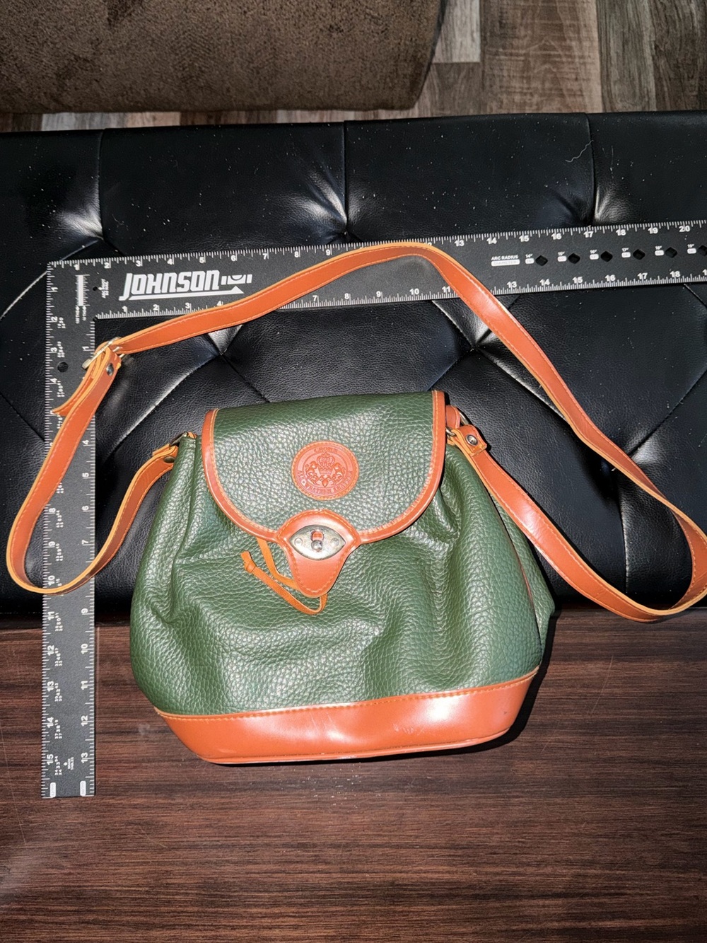 Vintage Crown Green and Tan Pebbled Leather Crossbody Bag - Italian